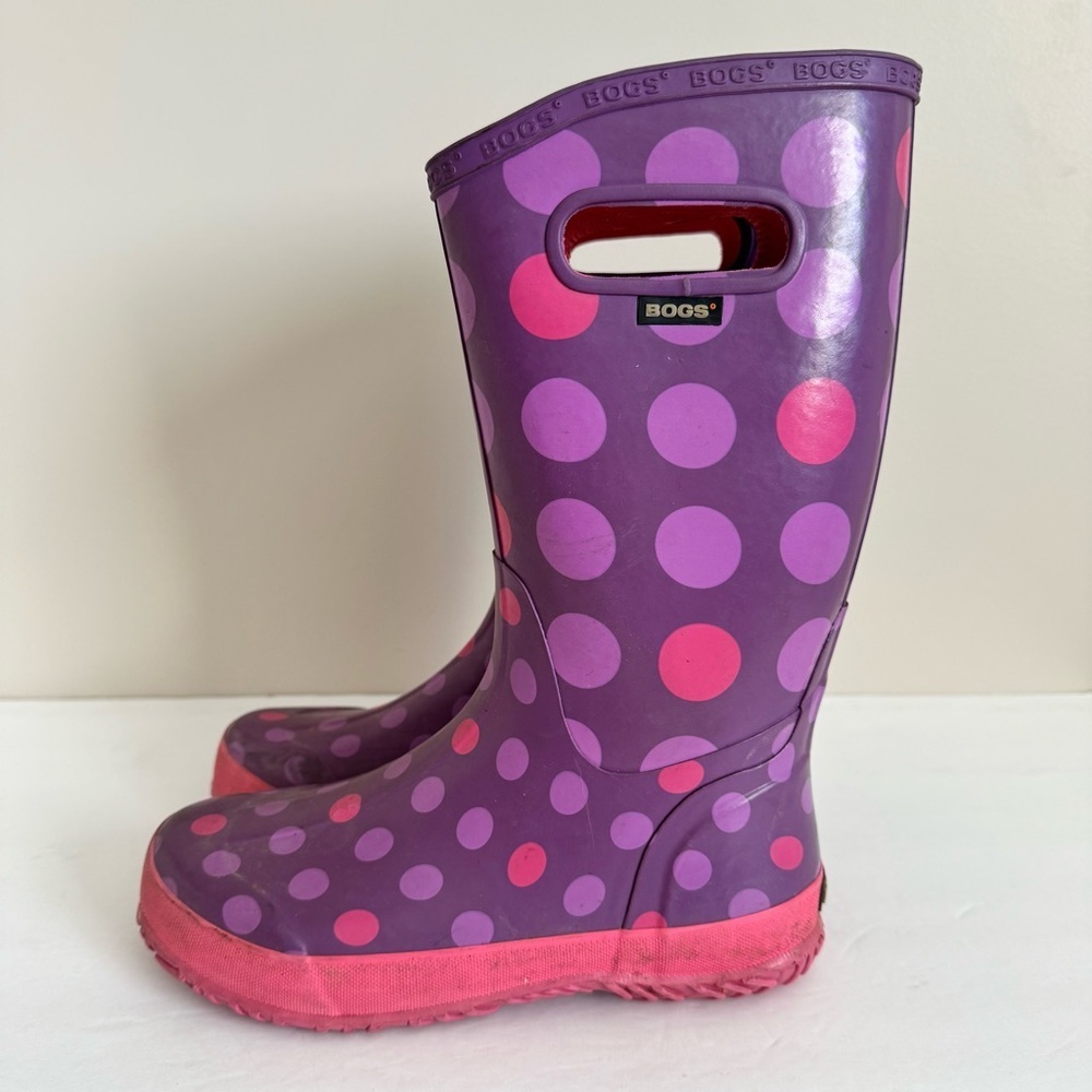 Bogs Rubber Pull On Waterproof Rain Boots Polka Dot Purple Big Kids Youth Size 5